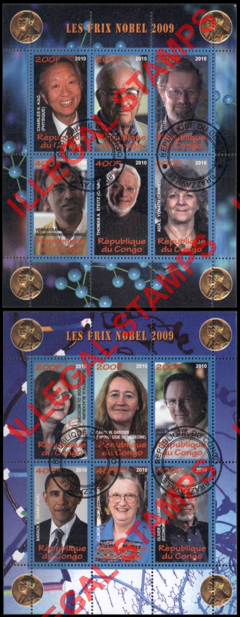 Congo Republic 2010 Nobel Prize Winners Illegal Stamp Souvenir Sheets of 6