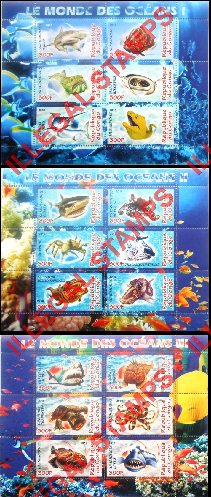 Congo Republic 2010 Ocean Life Illegal Stamp Souvenir Sheets of 6 (Part 1)