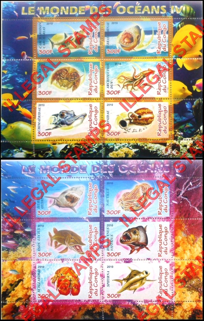 Congo Republic 2010 Ocean Life Illegal Stamp Souvenir Sheets of 6 (Part 2)