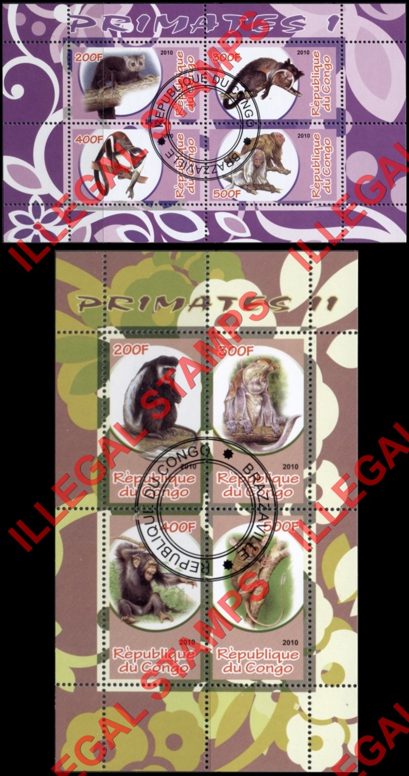 Congo Republic 2010 Primates Illegal Stamp Souvenir Sheets of 4 (Part 1)