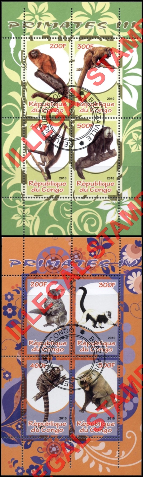 Congo Republic 2010 Primates Illegal Stamp Souvenir Sheets of 4 (Part 2)