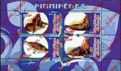 Congo Republic 2010 Seals Illegal Stamp Souvenir Sheet of 4