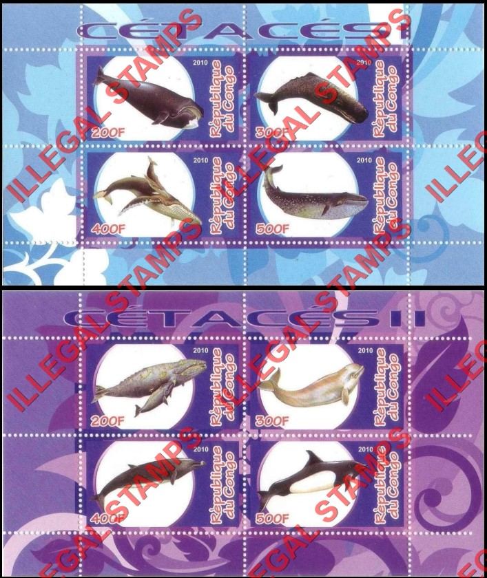 Congo Republic 2010 Whales Illegal Stamp Souvenir Sheets of 4