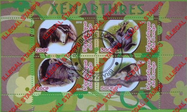 Congo Republic 2010 Xenarthres Illegal Stamp Souvenir Sheet of 4