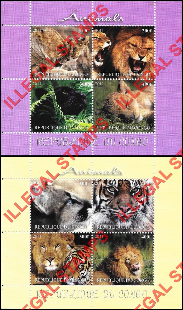 Congo Republic 2011 Animals Illegal Stamp Souvenir Sheets of 4