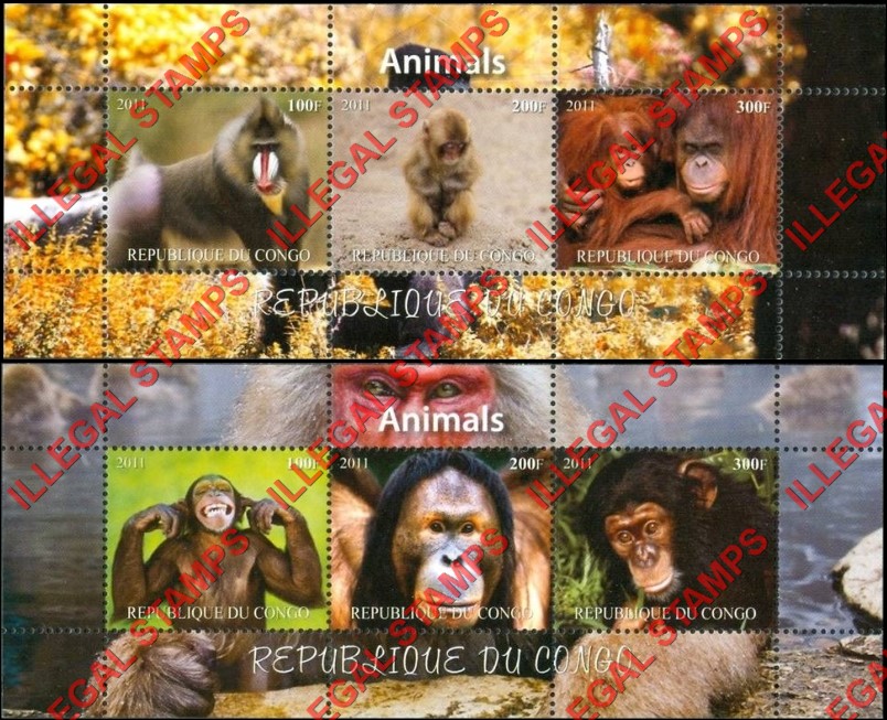 Congo Republic 2011 Animals Illegal Stamp Souvenir Sheets of 3