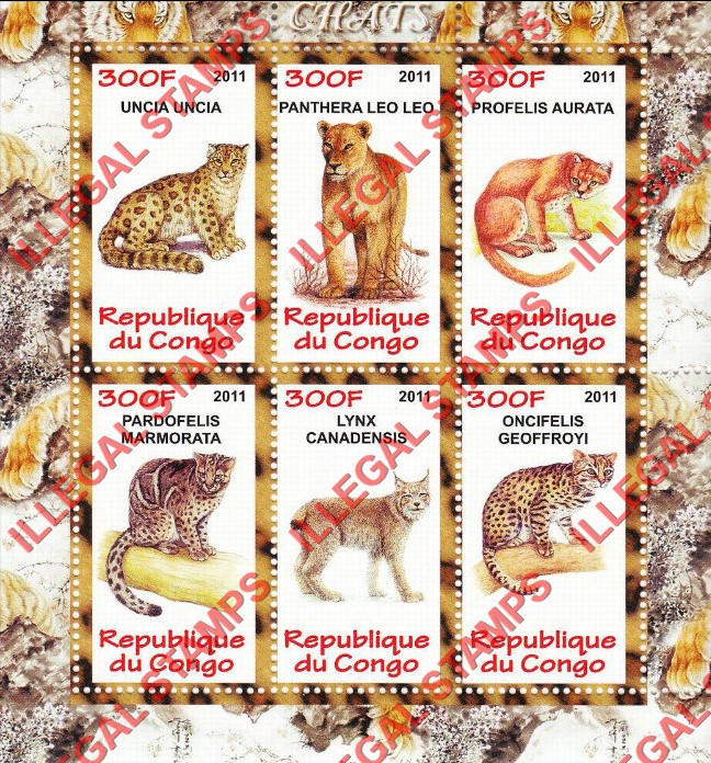 Congo Republic 2011 Big Cats Illegal Stamp Souvenir Sheet of 6