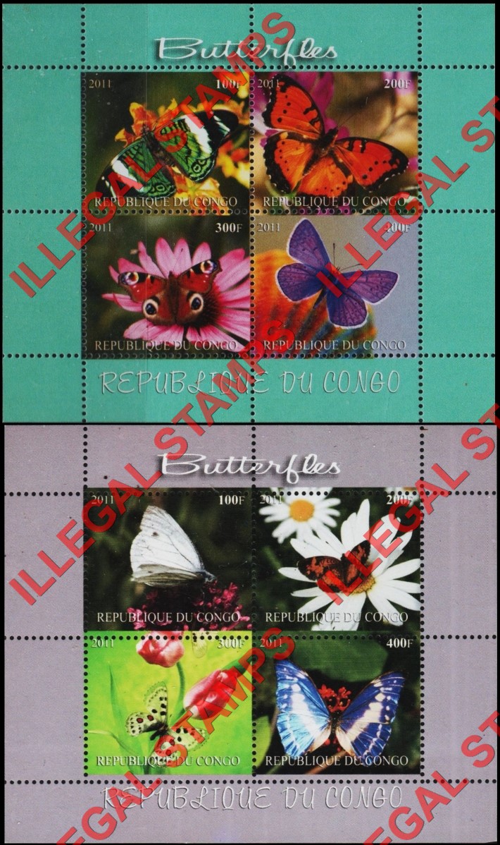 Congo Republic 2011 Butterflies Illegal Stamp Souvenir Sheets of 4 (Part 1)