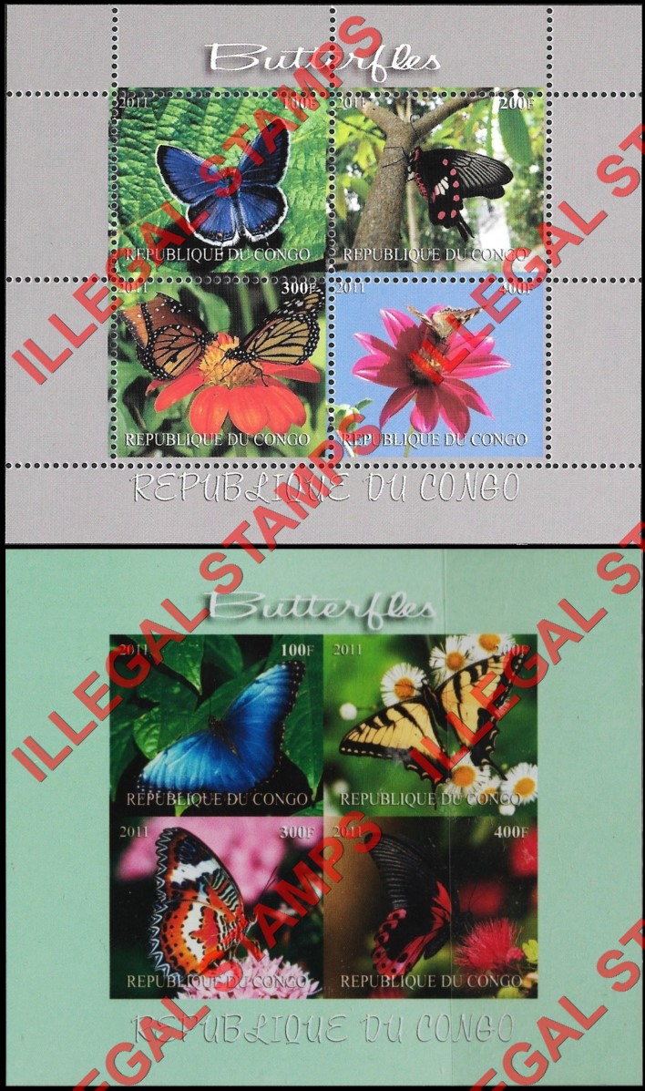 Congo Republic 2011 Butterflies Illegal Stamp Souvenir Sheets of 4 (Part 2)