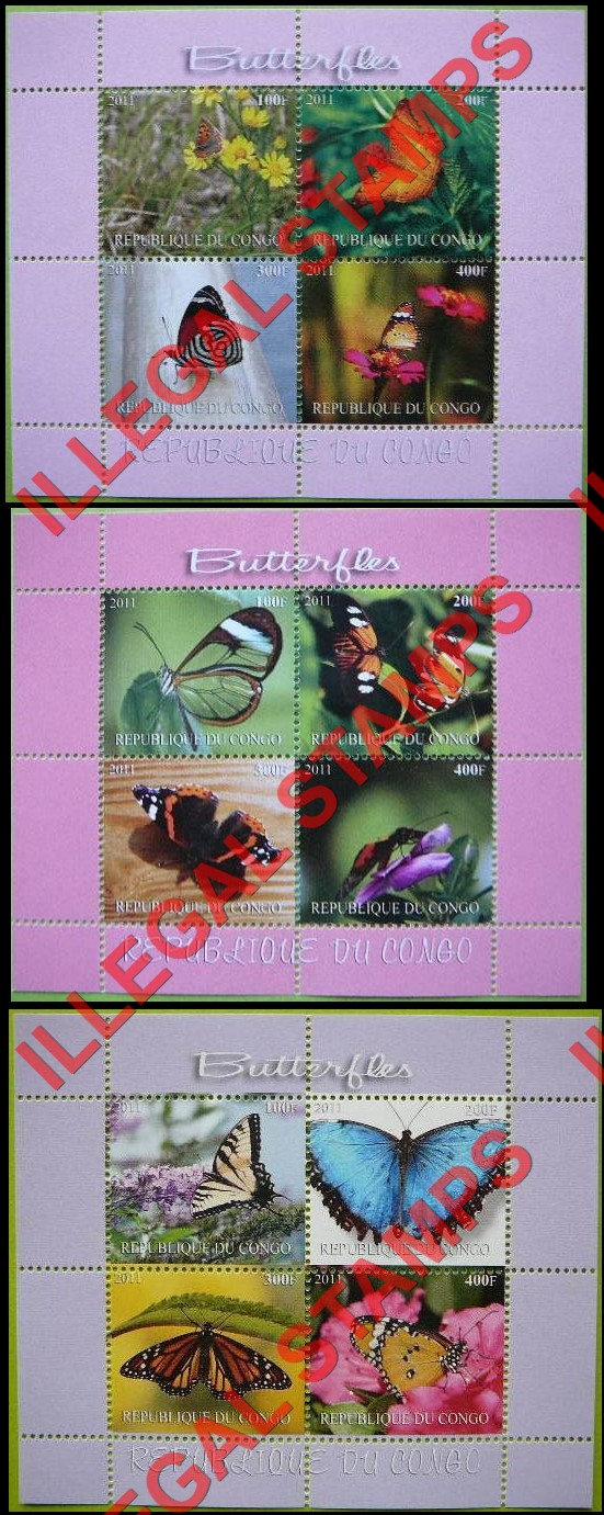 Congo Republic 2011 Butterflies Illegal Stamp Souvenir Sheets of 4 (Part 4)