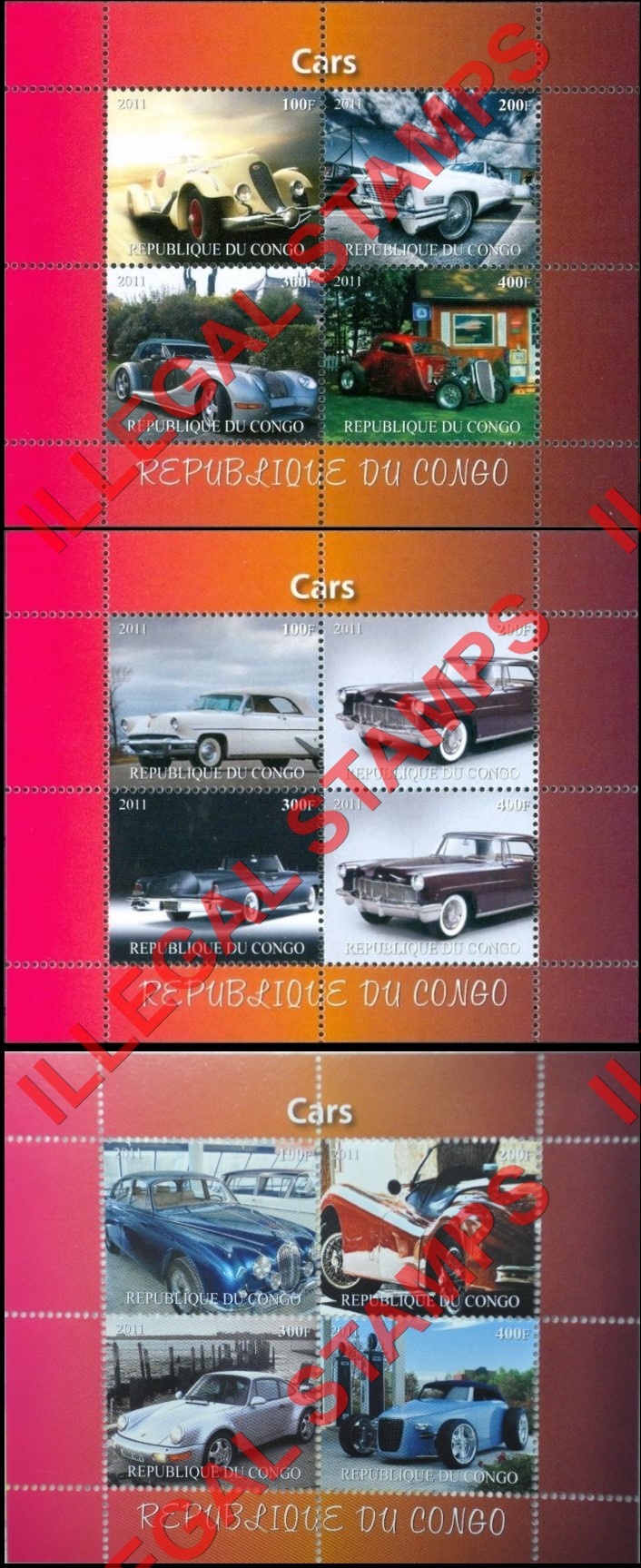 Congo Republic 2011 Cars Illegal Stamp Souvenir Sheets of 4 (Part 2)