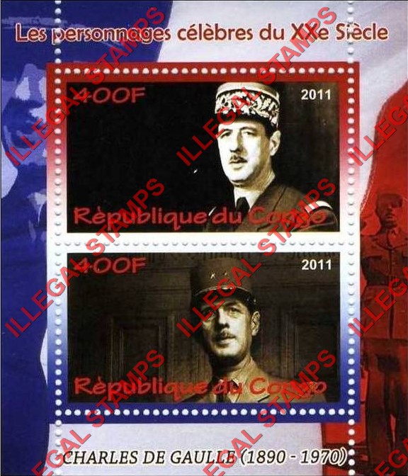 Congo Republic 2011 Charles de Gaulle Illegal Stamp Souvenir Sheet of 2