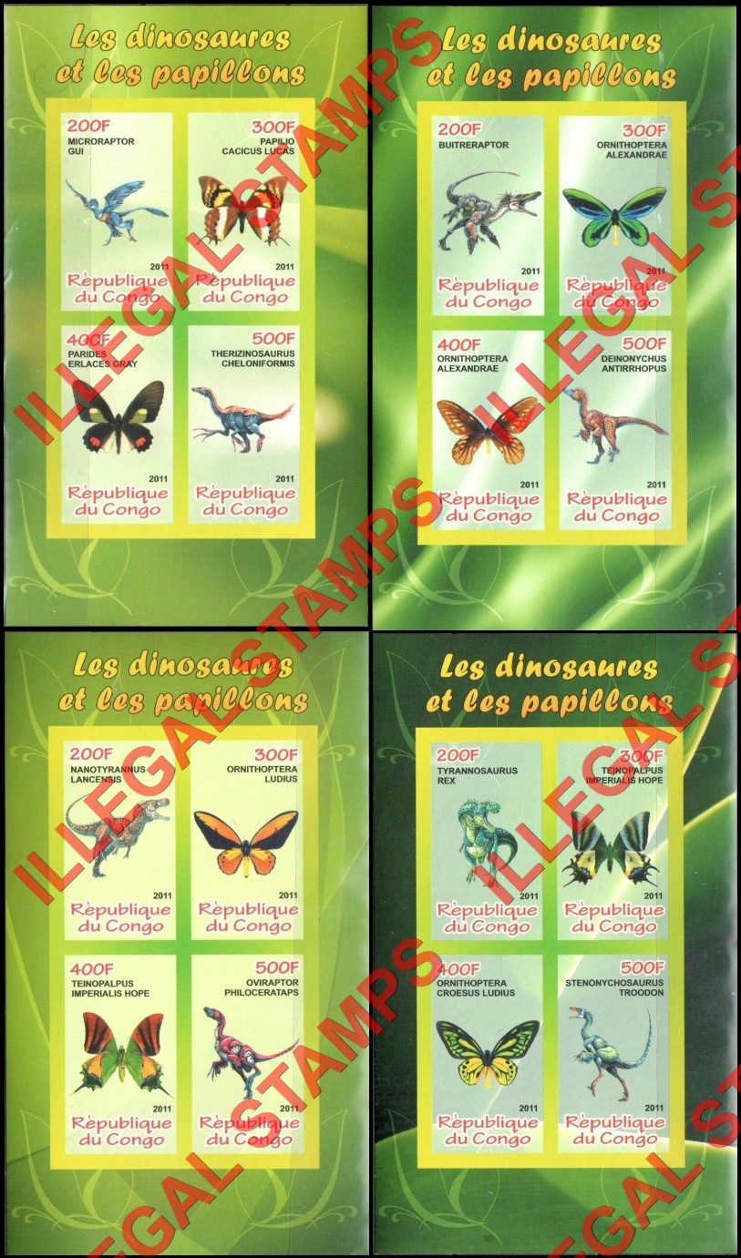 Congo Republic 2011 Dinosaurs and Butterflies Illegal Stamp Souvenir Sheets of 4