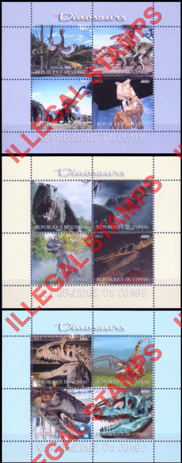 Congo Republic 2011 Dinosaurs Illegal Stamp Souvenir Sheets of 4