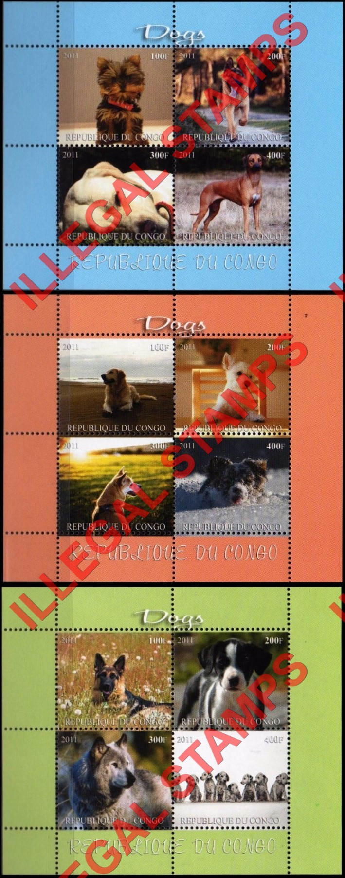 Congo Republic 2011 Dogs Illegal Stamp Souvenir Sheets of 4