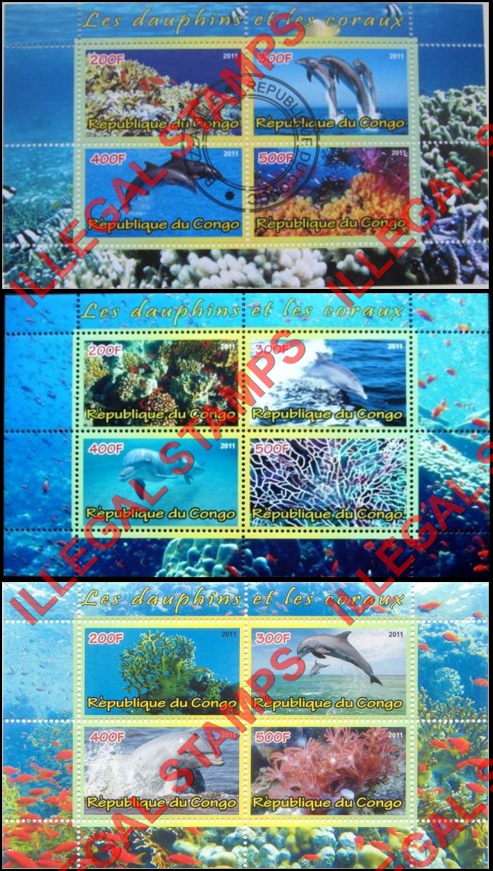Congo Republic 2011 Dolphins and Coral Illegal Stamp Souvenir Sheets of 4