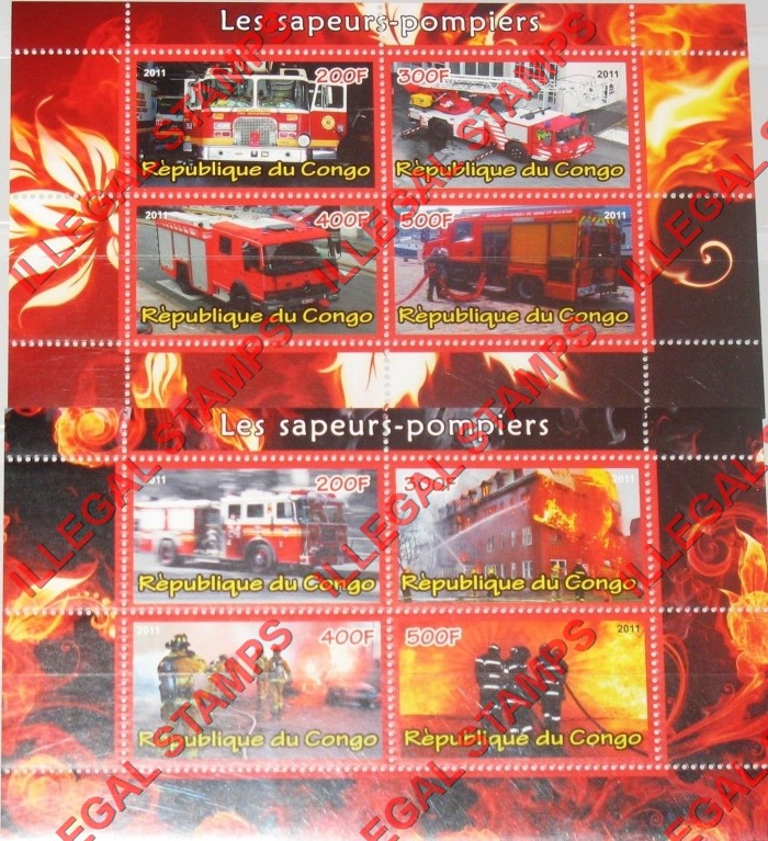 Congo Republic 2011 Fire Engines Illegal Stamp Souvenir Sheets of 4