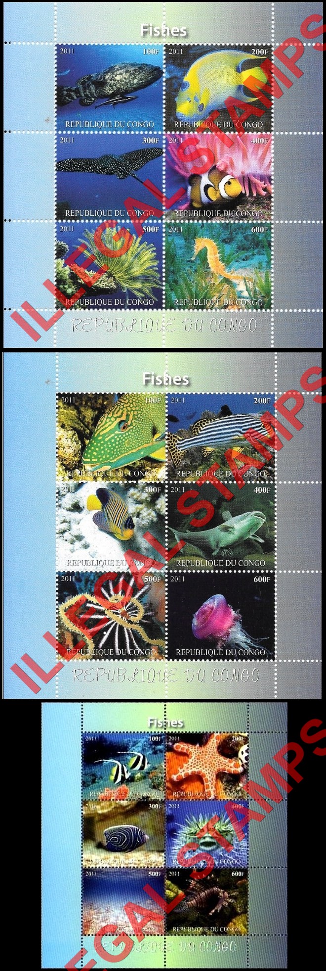 Congo Republic 2011 Fish Illegal Stamp Souvenir Sheets of 6
