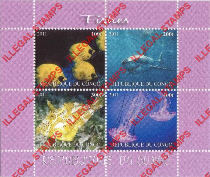 Congo Republic 2011 Fish Illegal Stamp Souvenir Sheet of 4