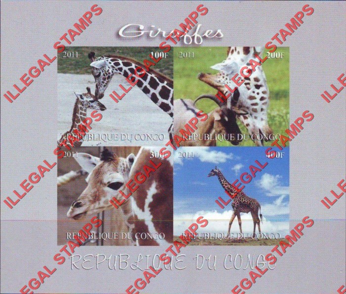 Congo Republic 2011 Giraffes Illegal Stamp Souvenir Sheet of 4
