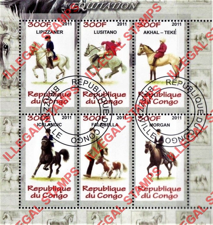 Congo Republic 2011 Horses Equitation Illegal Stamp Souvenir Sheet of 6