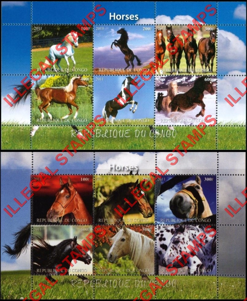 Congo Republic 2011 Horses Illegal Stamp Souvenir Sheets of 6