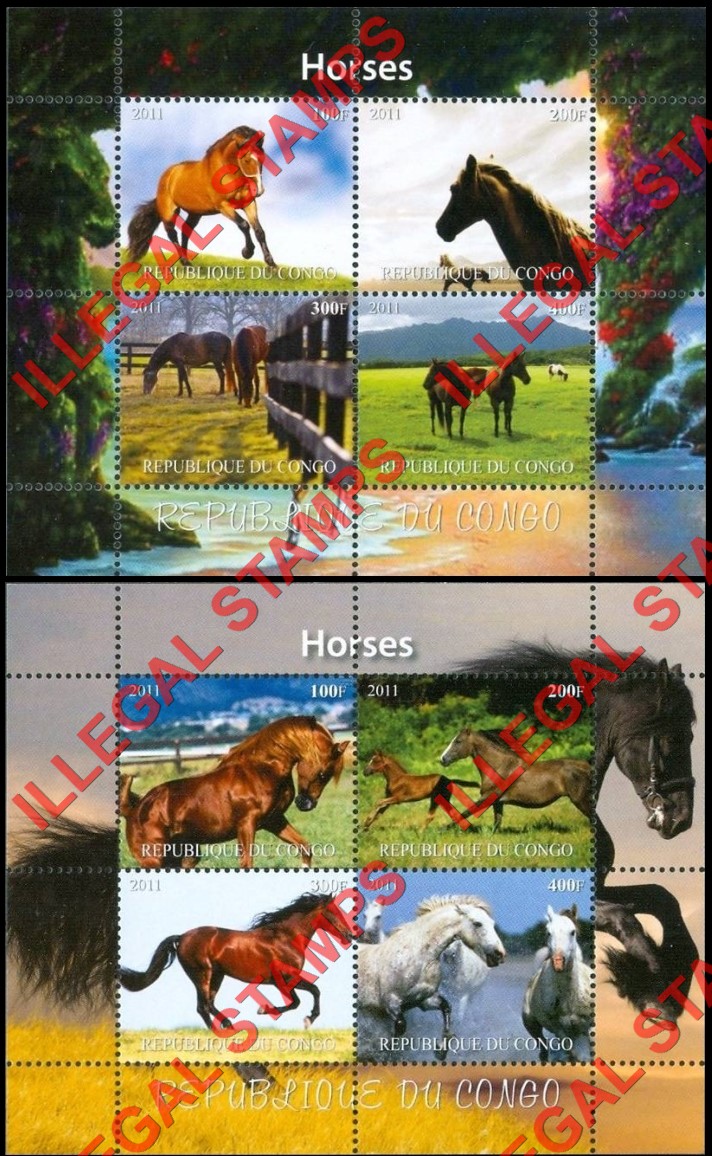 Congo Republic 2011 Horses Illegal Stamp Souvenir Sheets of 4 (Part 1)