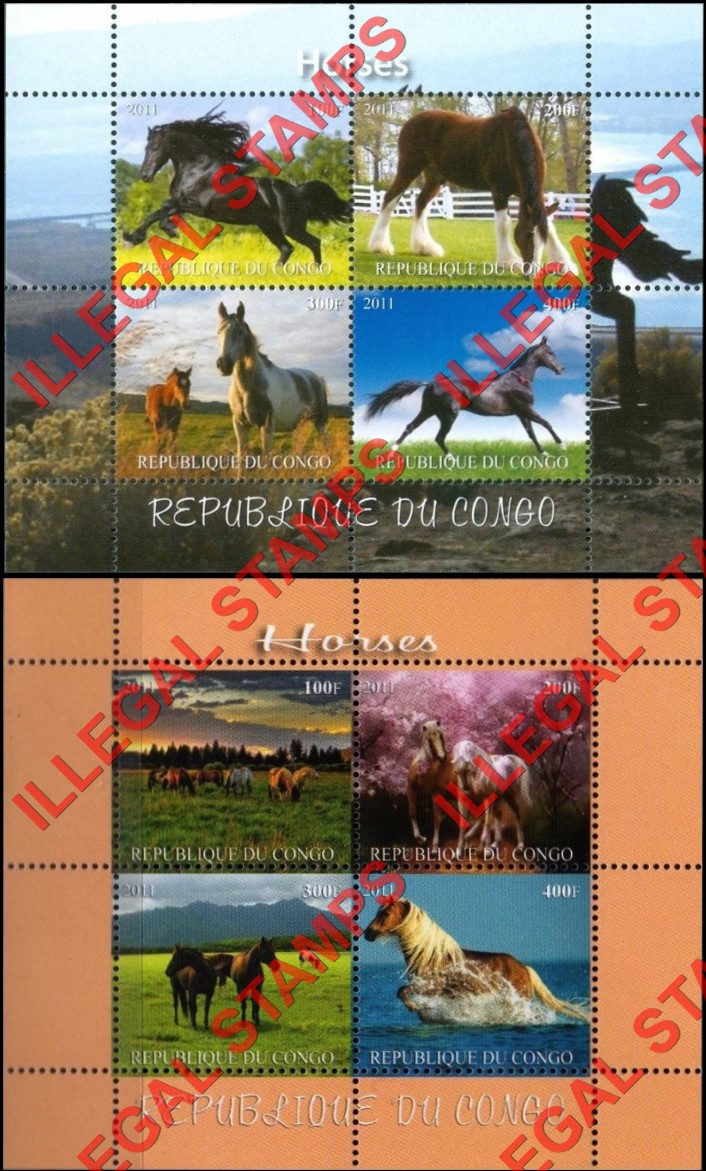 Congo Republic 2011 Horses Illegal Stamp Souvenir Sheets of 4 (Part 2)