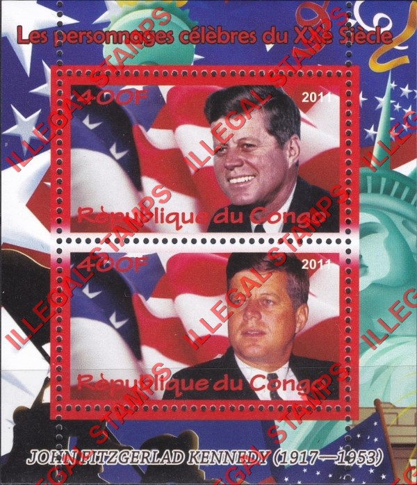 Congo Republic 2011 John F. Kennedy Illegal Stamp Souvenir Sheet of 2