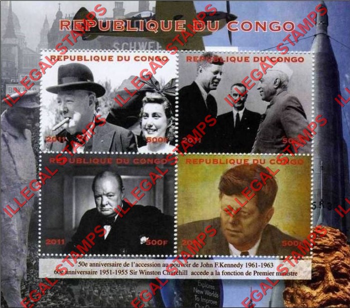 Congo Republic 2011 Kennedy and Churchill Illegal Stamp Souvenir Sheet of 4
