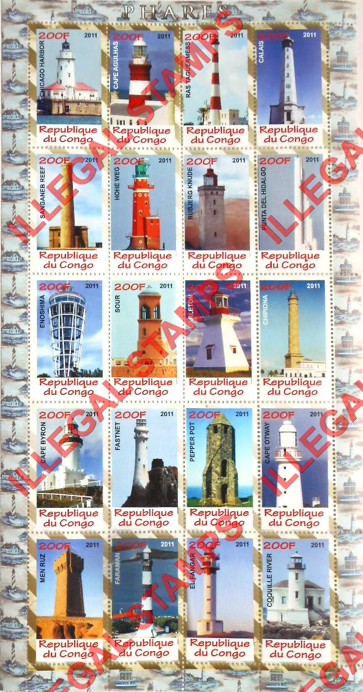 Congo Republic 2011 Lighthouses Illegal Stamp Sheet of 20