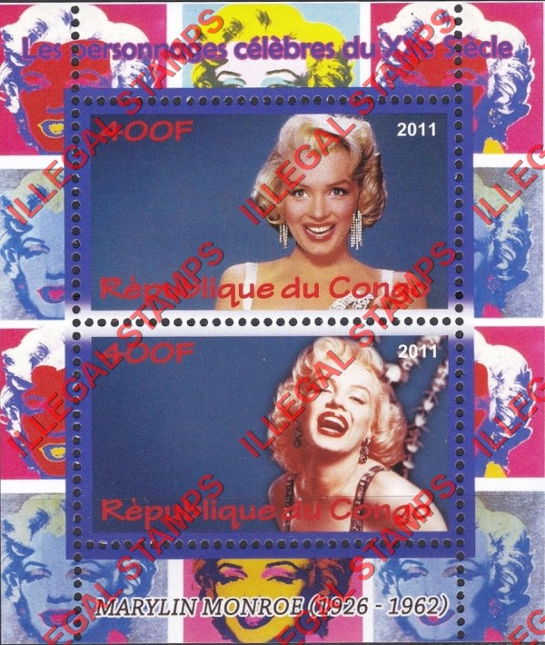 Congo Republic 2011 Marilyn Monroe Illegal Stamp Souvenir Sheet of 2