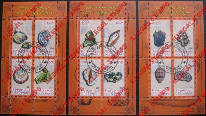 Congo Republic 2011 Minerals and Shells Illegal Stamp Souvenir Sheets of 4
