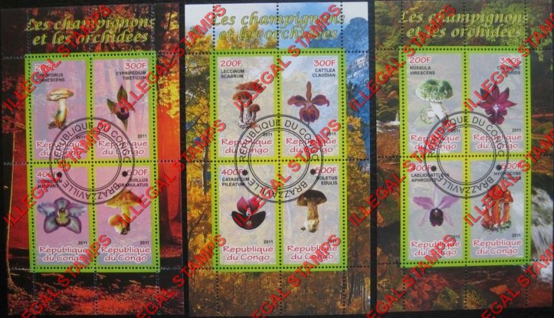 Congo Republic 2011 Mushrooms and Orchids Illegal Stamp Souvenir Sheets of 4