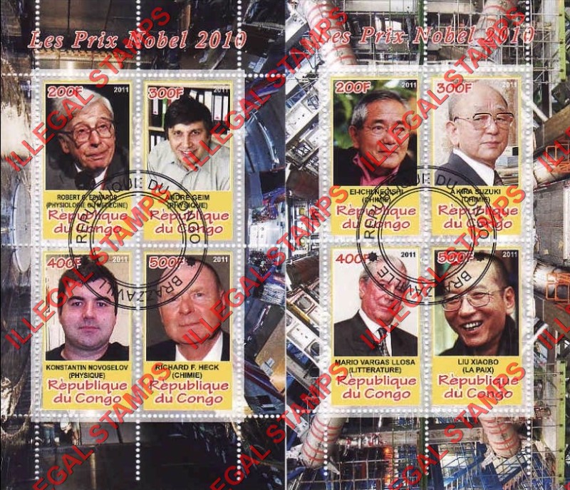 Congo Republic 2011 Nobel Prize Winners (2010) Illegal Stamp Souvenir Sheets of 4