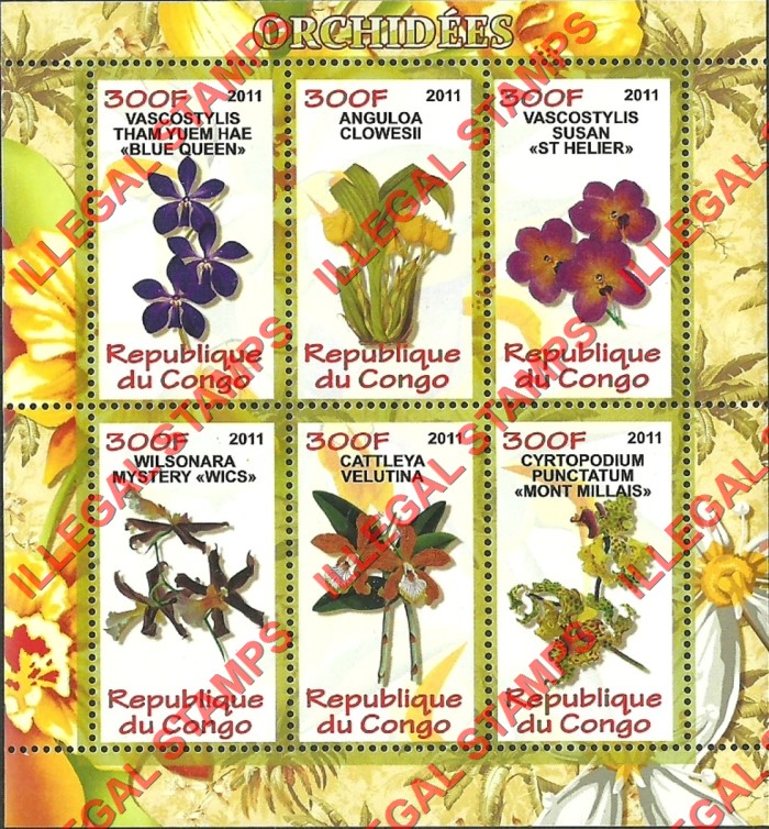 Congo Republic 2011 Orchids Illegal Stamp Souvenir Sheet of 6