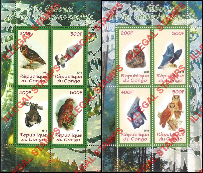 Congo Republic 2011 Owls and Bats Illegal Stamp Souvenir Sheets of 4