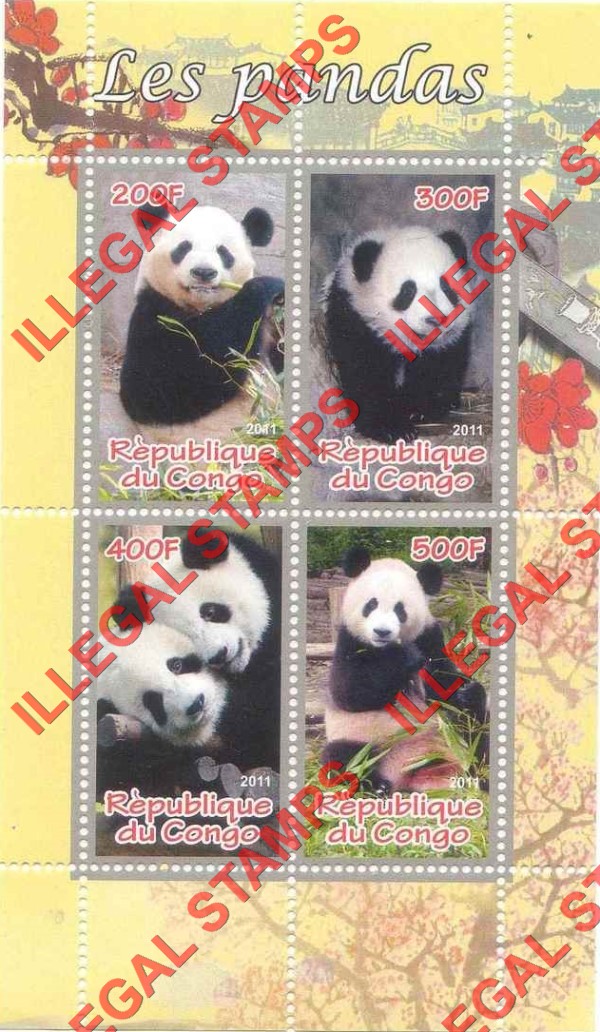Congo Republic 2011 Pandas Illegal Stamp Souvenir Sheet of 4