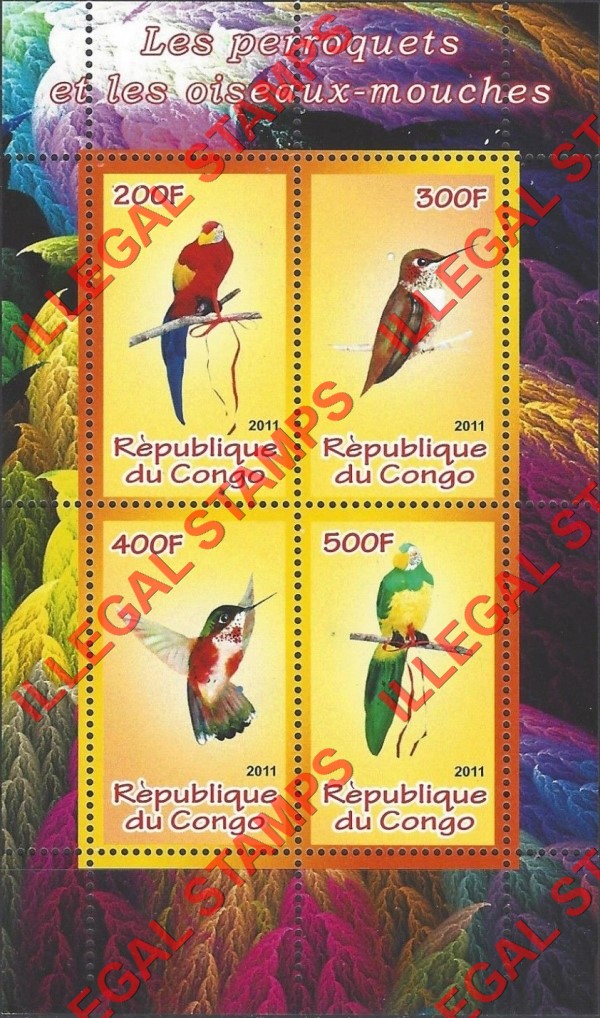 Congo Republic 2011 Parrots and Hummingbirds Illegal Stamp Souvenir Sheet of 4