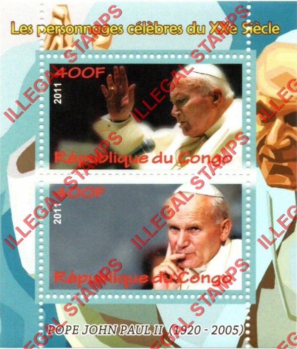 Congo Republic 2011 Pope John Paul II Illegal Stamp Souvenir Sheet of 2