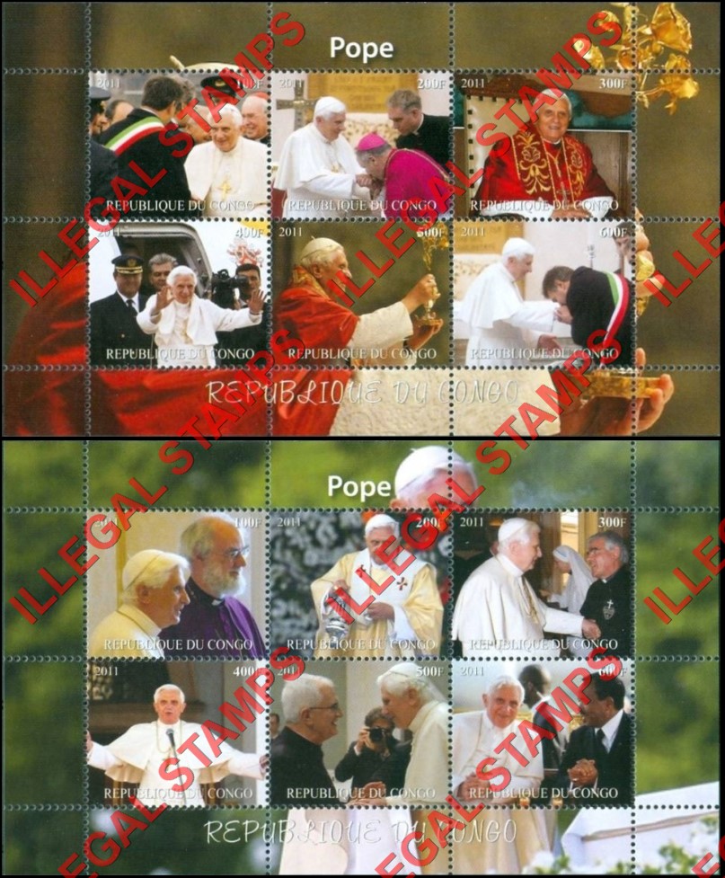 Congo Republic 2011 Popes Illegal Stamp Souvenir Sheets of 6 (Part 1)