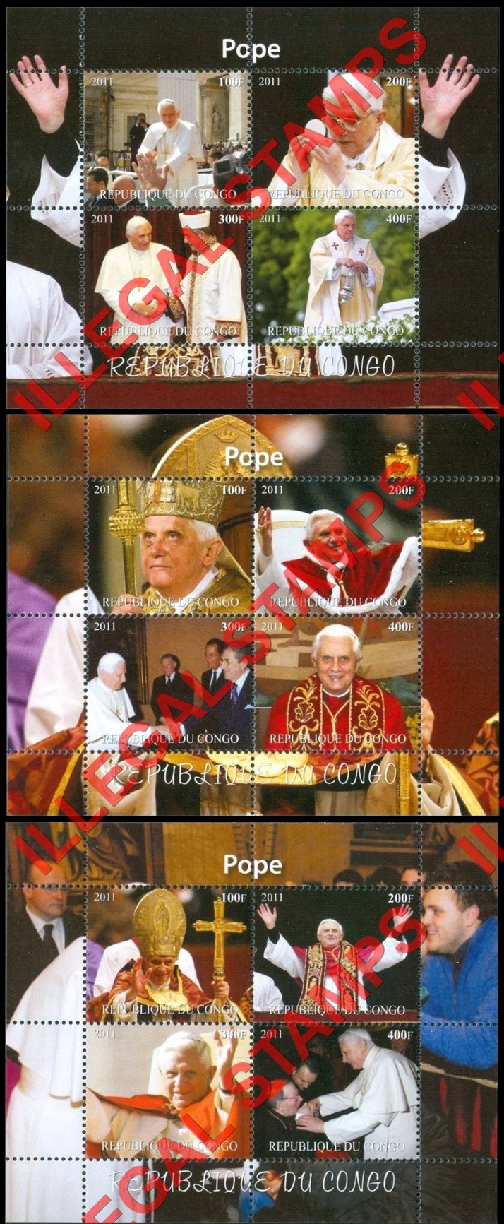 Congo Republic 2011 Popes Illegal Stamp Souvenir Sheets of 4