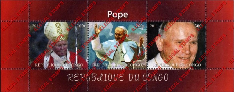 Congo Republic 2011 Popes Illegal Stamp Souvenir Sheet of 3