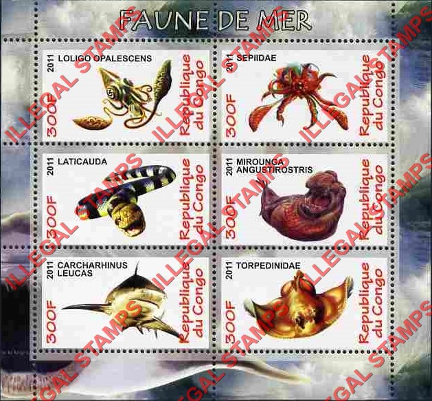 Congo Republic 2011 Sea Life Illegal Stamp Souvenir Sheet of 6