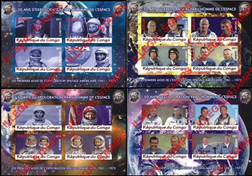 Congo Republic 2011 Space History Illegal Stamp Souvenir Sheets of 4 (Part 1)