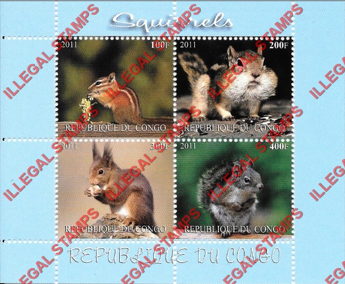 Congo Republic 2011 Squirrels Illegal Stamp Souvenir Sheet of 4