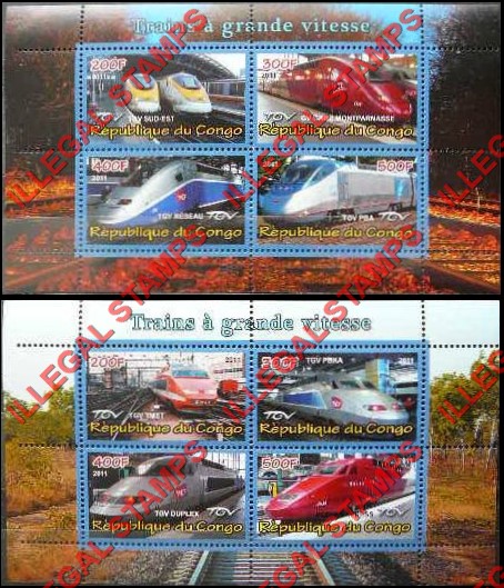 Congo Republic 2011 High Speed Trains Illegal Stamp Souvenir Sheets of 4