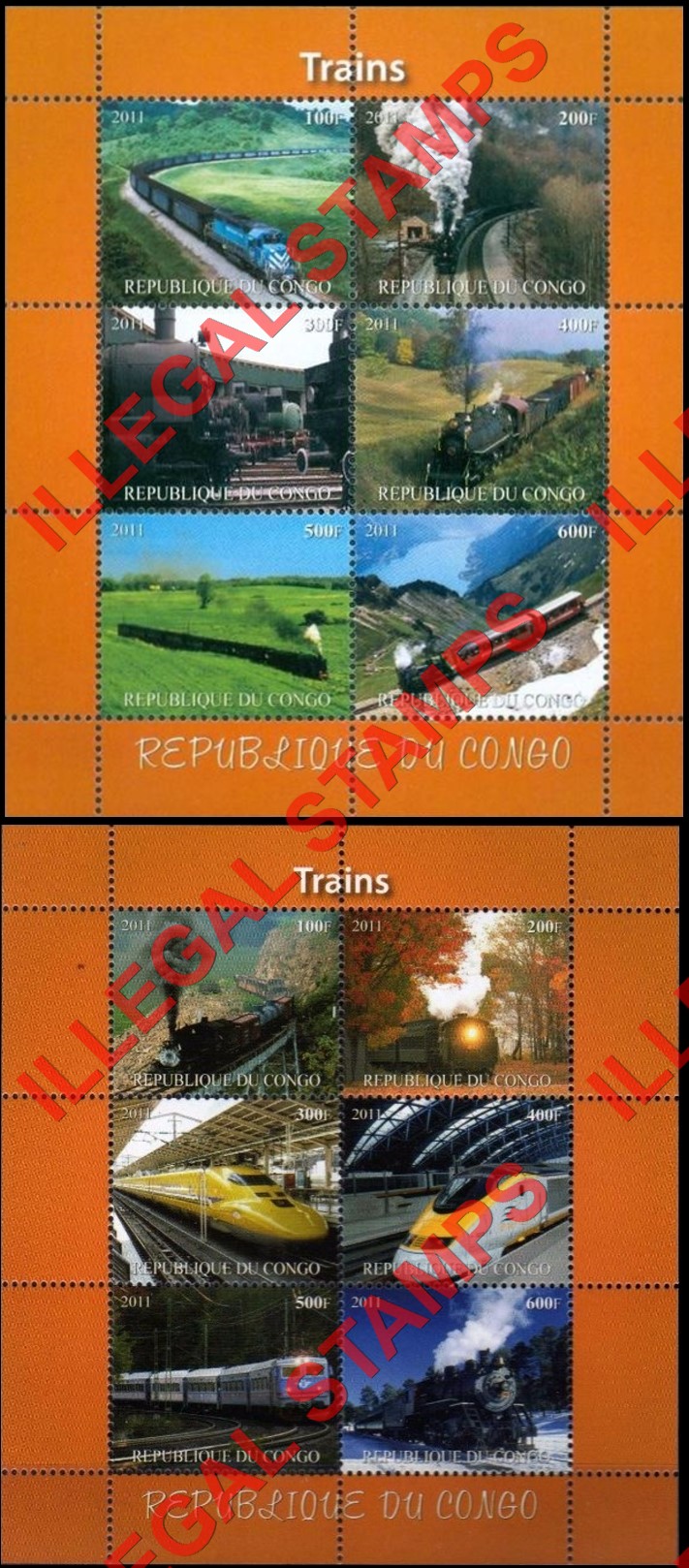 Congo Republic 2011 Trains Illegal Stamp Souvenir Sheets of 6