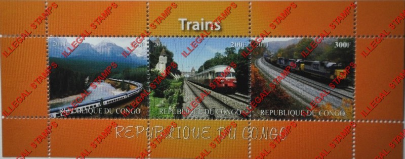 Congo Republic 2011 Trains Illegal Stamp Souvenir Sheet of 3