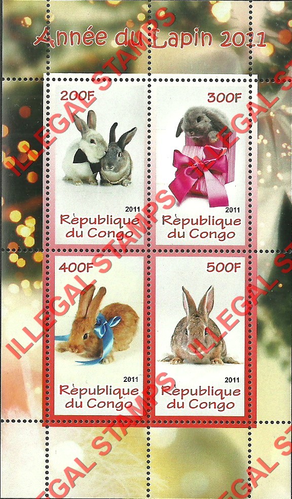 Congo Republic 2011 Year of the Rabbit Illegal Stamp Souvenir Sheet of 4